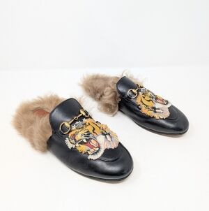 Gucci Princetown Tiger Black Leather Size 37 Horse Bit Mules Loafers